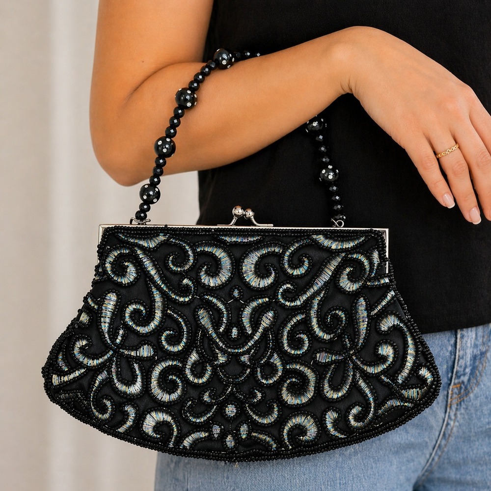 Far Nine Black Beaded Handle Bag Clutch Silver Swirl Pattern Kiss Lock